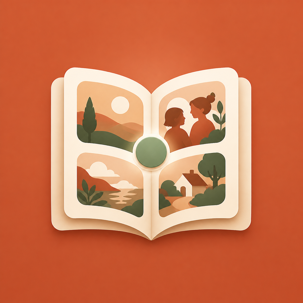 Hiivibe artwork: an open illustrated book with warm landscapes, people together, and a little home.